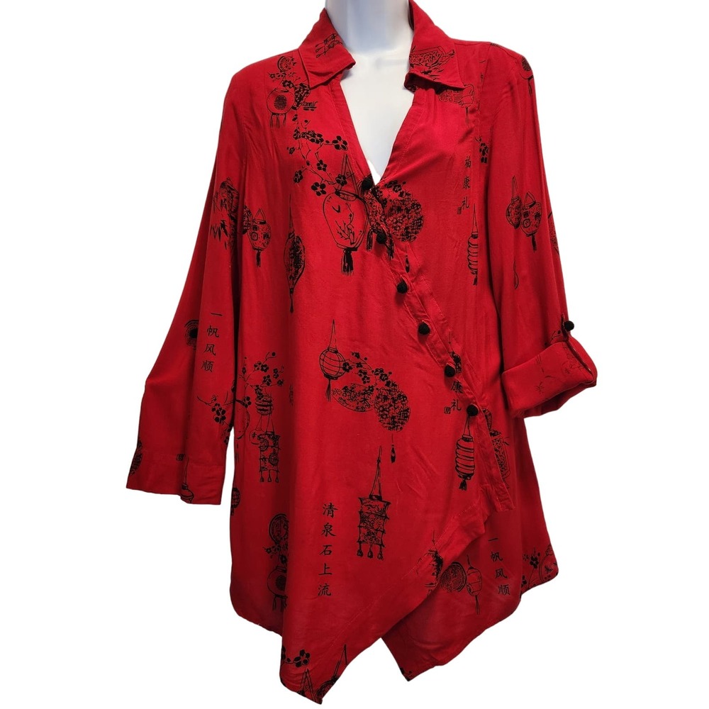 Soft Surroundings Pagoda Woman‎ Asymmetrical Wrap Tunic Top Size M Red V-neck